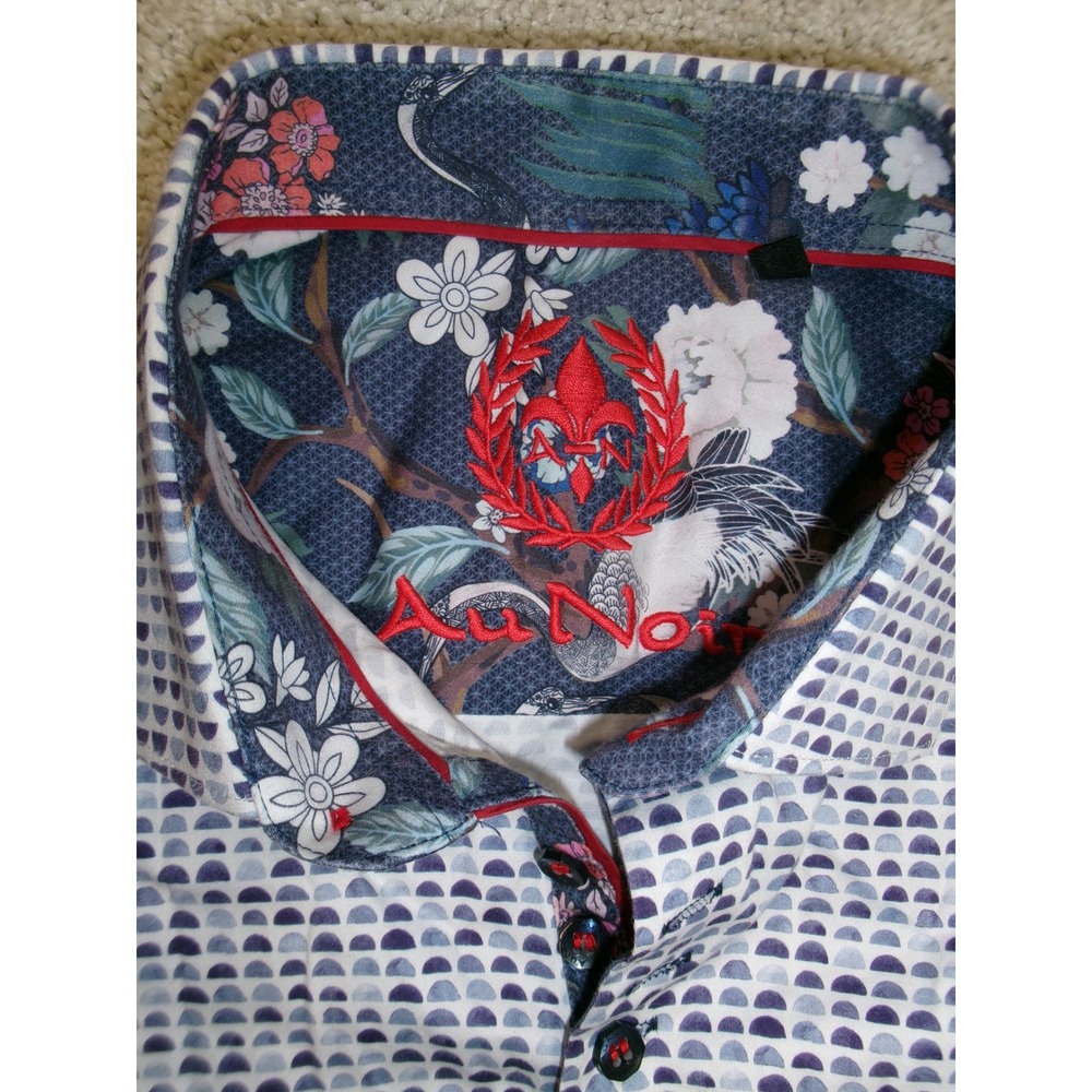 Au Noir Mens Blue Geometric Print Long Sleeve Button Down Shirt Floral Trim L - Picture 2 of 6